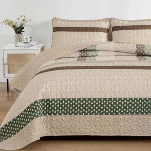 Khaki Quilt King Size, Bohemian Stripe Quilt Sets 3 Pieces Boho Quilted - new