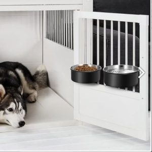 NEW- 2 Pack PEt Water Bowl Crate No Spill Kennel Hanging Cage Food Bowls Stainless Steel/black