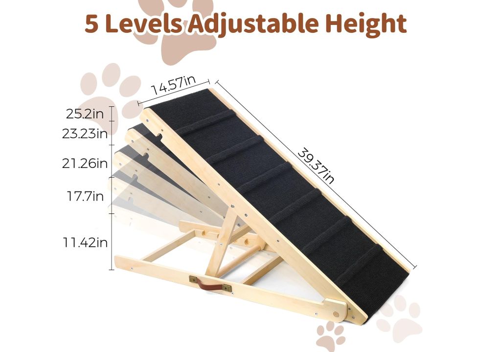 Dog Ramp Wooden Dog Stairs, Adjustable Pet Dog Ramp with 5 Height Adjustable from 10”to 24” Up to 250LBS- new in box - Image 3