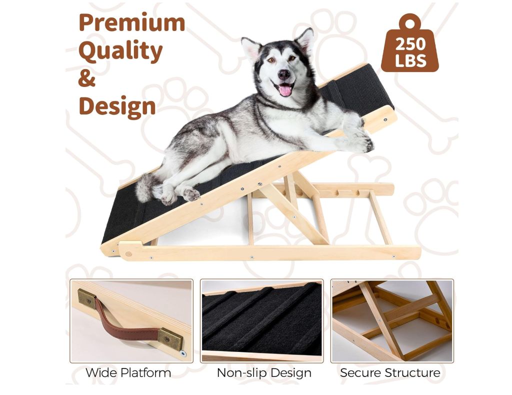 Dog Ramp Wooden Dog Stairs, Adjustable Pet Dog Ramp with 5 Height Adjustable from 10”to 24” Up to 250LBS- new in box - Image 4