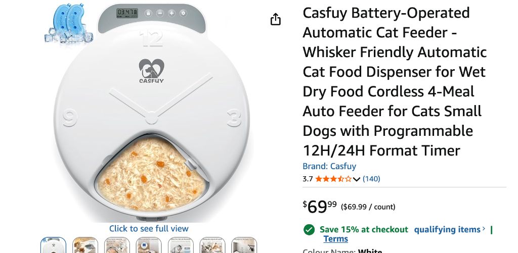 Casfuy Battery-Operated Auto Cat Feeder 4-Meal- new in box - Image 2