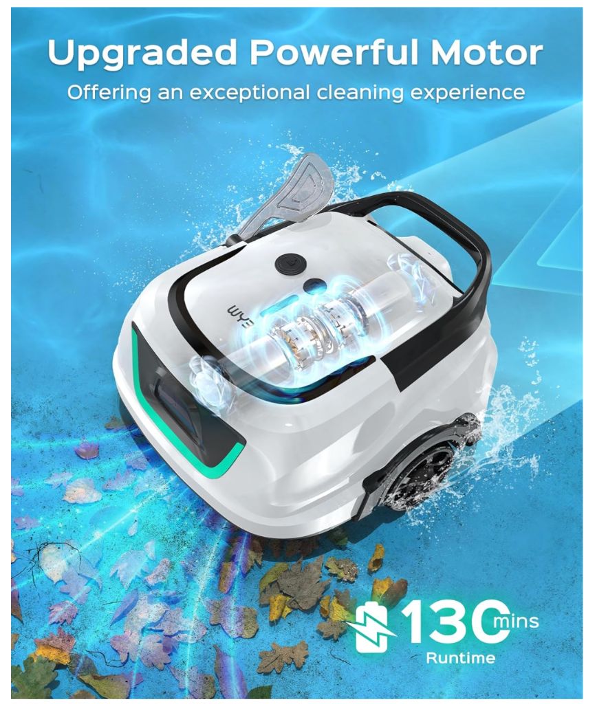 WYBOT A1 Cordless Pool Vacuum with Double Filters, Robotic Pool Cleaner, 130 Mins Runtime, Powerful Suction, Self-Parking, Lightweight for Above Ground Pools Up to 1100 Sq.Ft Max