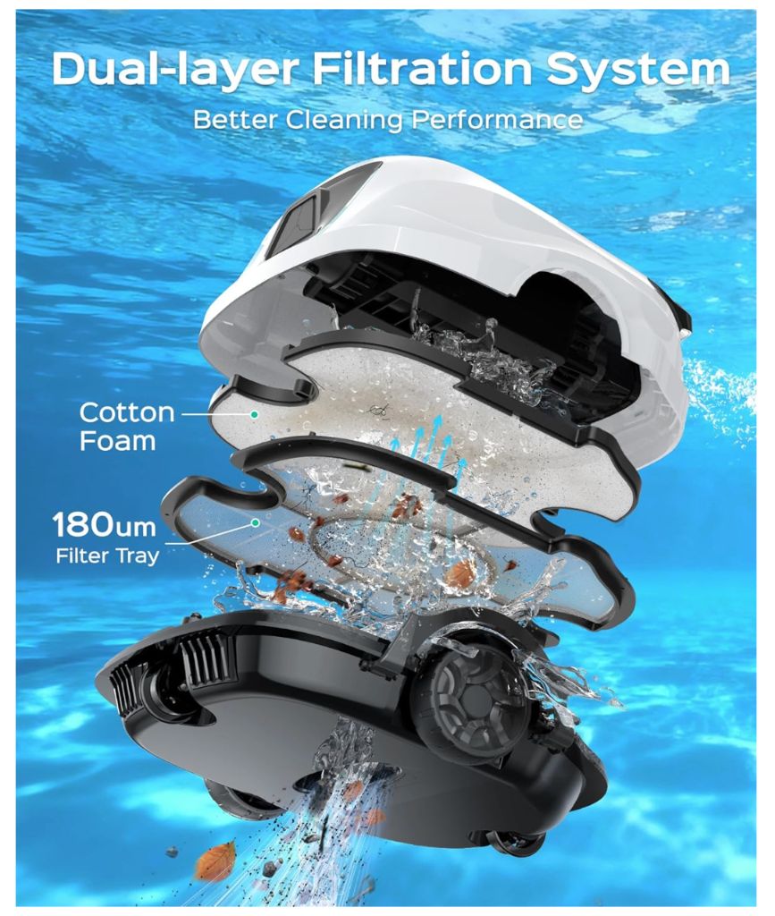 WYBOT A1 Cordless Pool Vacuum with Double Filters, Robotic Pool Cleaner, 130 Mins Runtime, Powerful Suction, Self-Parking, Lightweight for Above Ground Pools Up to 1100 Sq.Ft Max - Image 4
