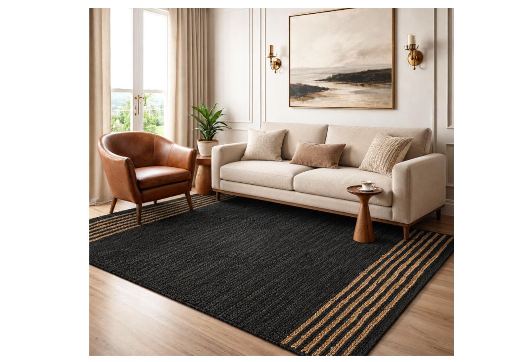 Black Leather Jute Area Rug 8X10ft Natural Hand Woven- new in box