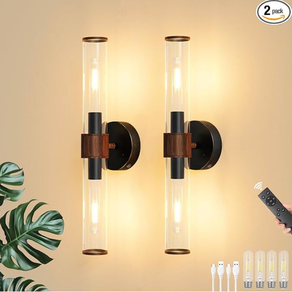 Wireless Battery sconce with remote Black & walnut -new in box