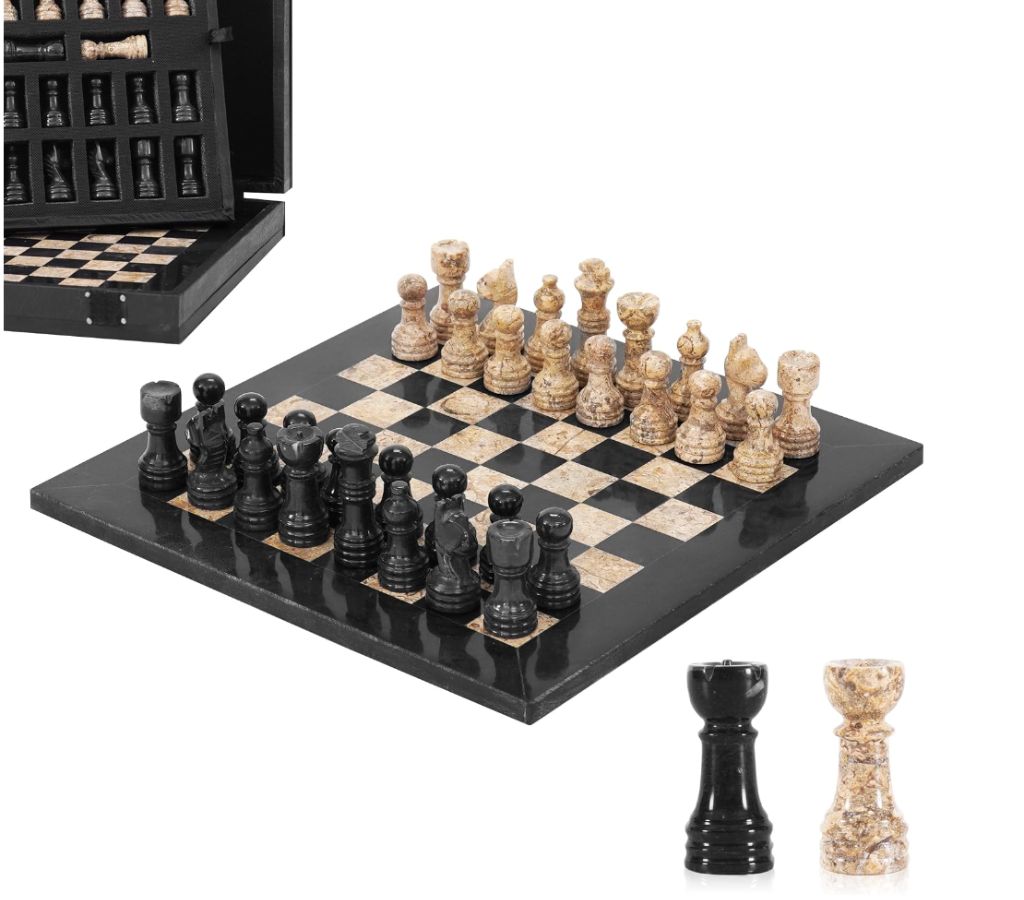 Marble Chess Set for Adults 10" Handmade Black & Coral Board Game with 32 Chess Pieces- sealed - Image 3