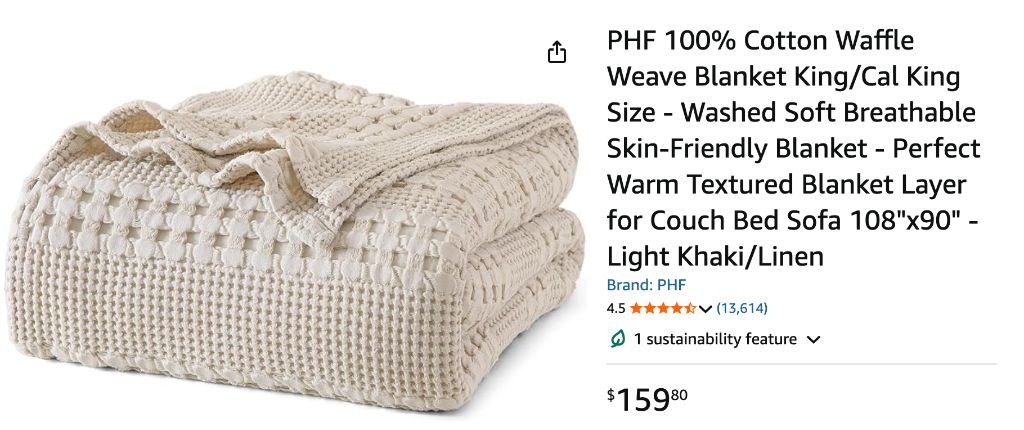 PHF 100% Cotton Waffle Weave Blanket, King Size - new in box