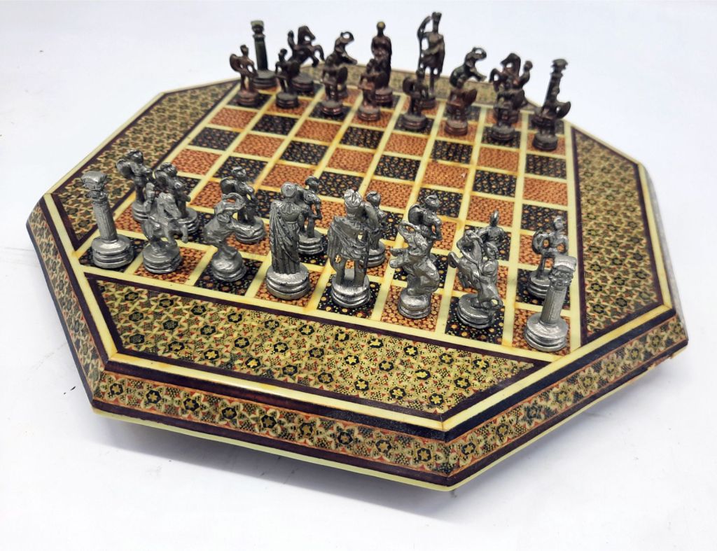 Vintage Persian Khatam-Kari Chess Set – Octagonal Inlaid Board – Figural Metal Pieces