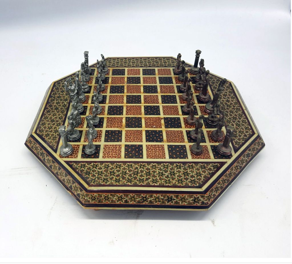 Vintage Persian Khatam-Kari Chess Set – Octagonal Inlaid Board – Figural Metal Pieces - Image 2