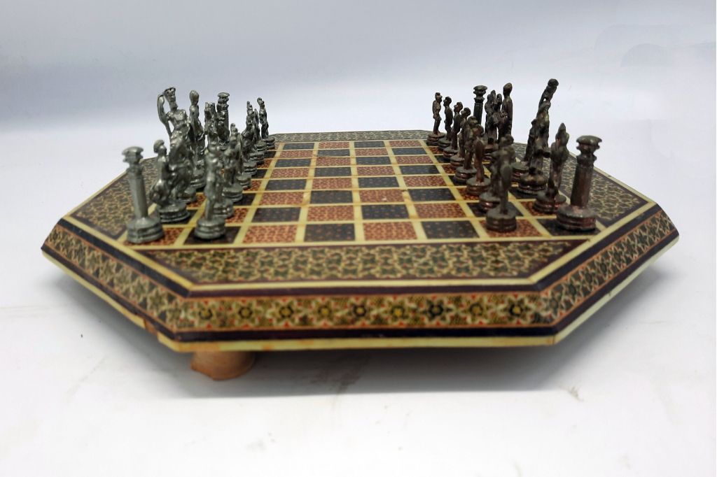Vintage Persian Khatam-Kari Chess Set – Octagonal Inlaid Board – Figural Metal Pieces - Image 3
