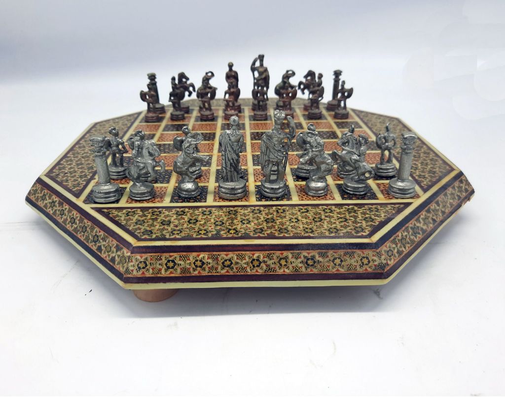 Vintage Persian Khatam-Kari Chess Set – Octagonal Inlaid Board – Figural Metal Pieces - Image 4