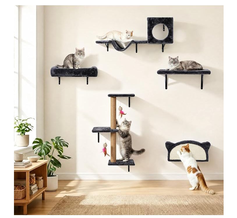 5-in-1 Cat Wall Shelves, Mounted Furniture Set with Bed black/grey-new in box