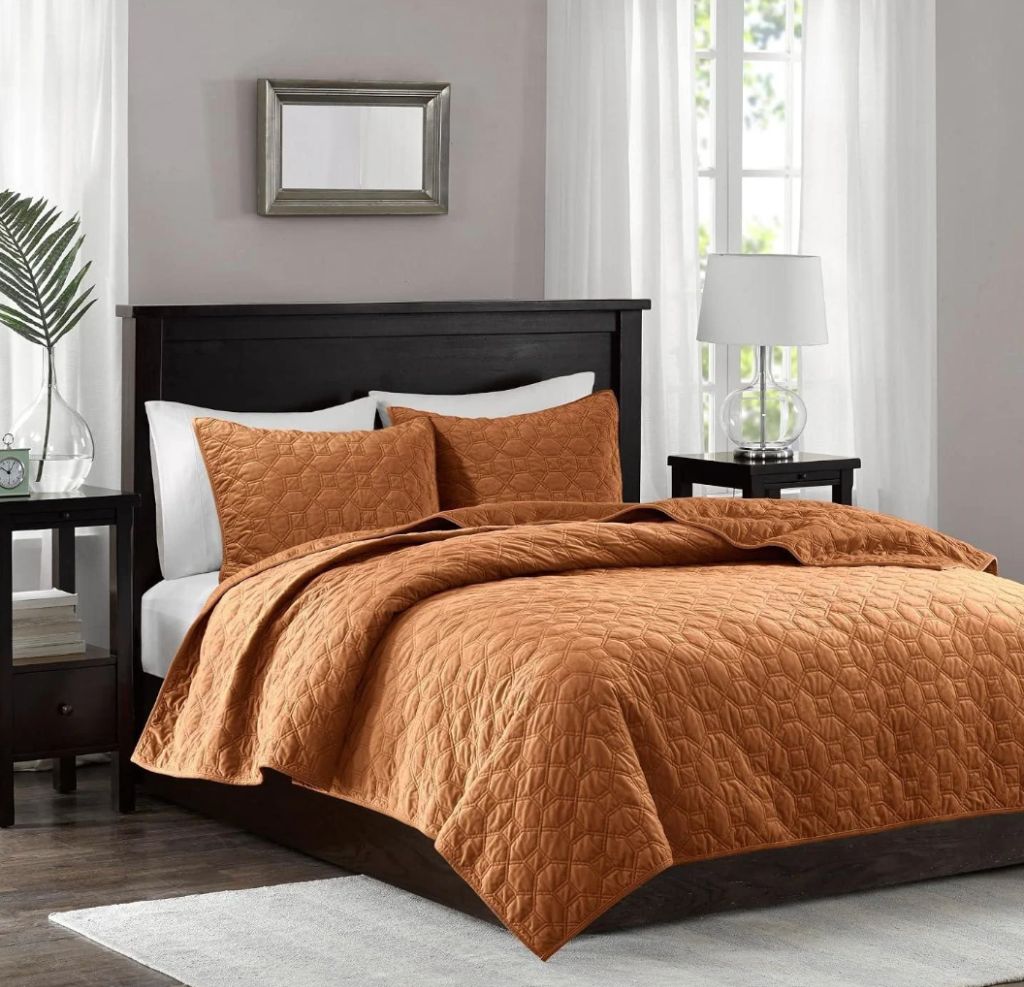 Geometric Stitching Rust King Quilt Set, 3pc