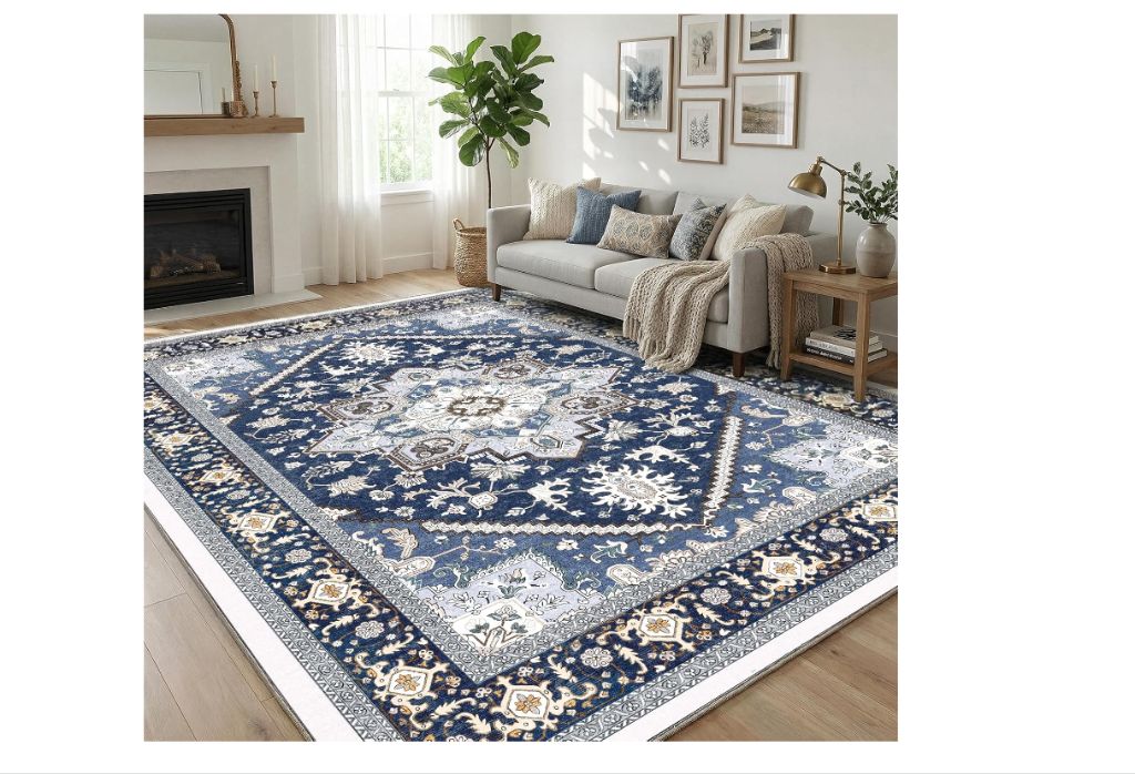 Faux Cashmere Low-Pile 9x12 Rug blue and gold-new in box