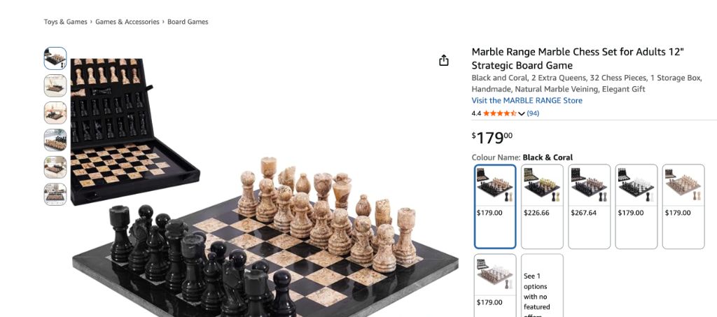 Marble Chess Set for Adults 10" Handmade Black & Coral Board Game with 32 Chess Pieces- sealed