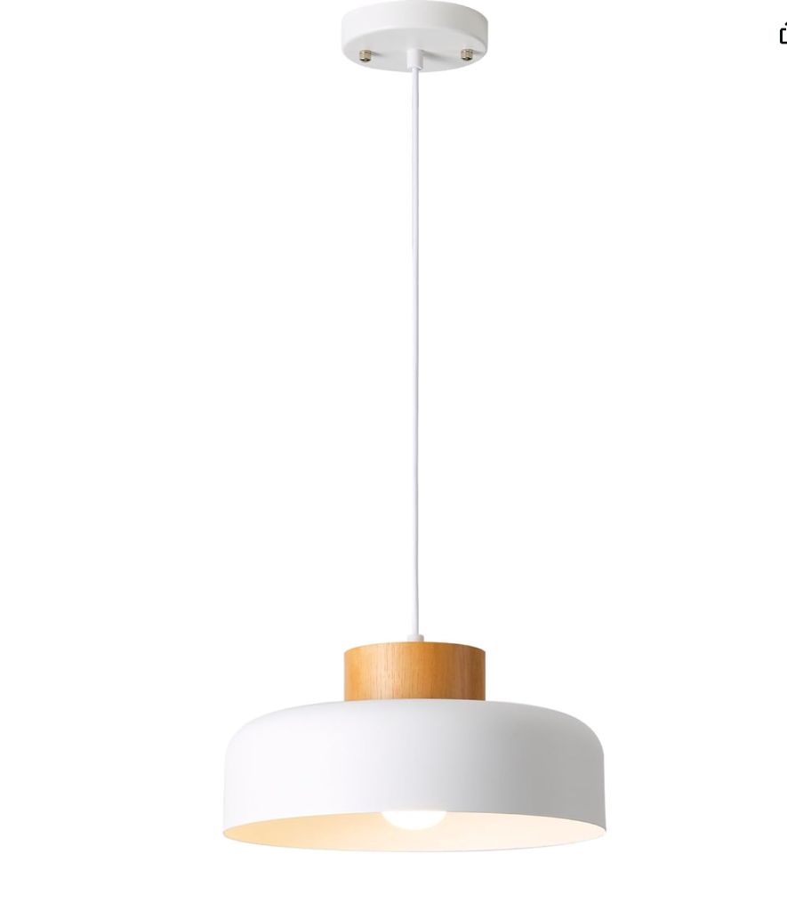 Modern Large Pendant Light Fixture, 18 inch,Natural Wood Cap, white Finish-new in box
