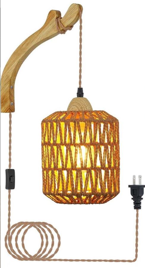 Rattan Wall Lamp with Plug in Cord Hand Woven -new in box