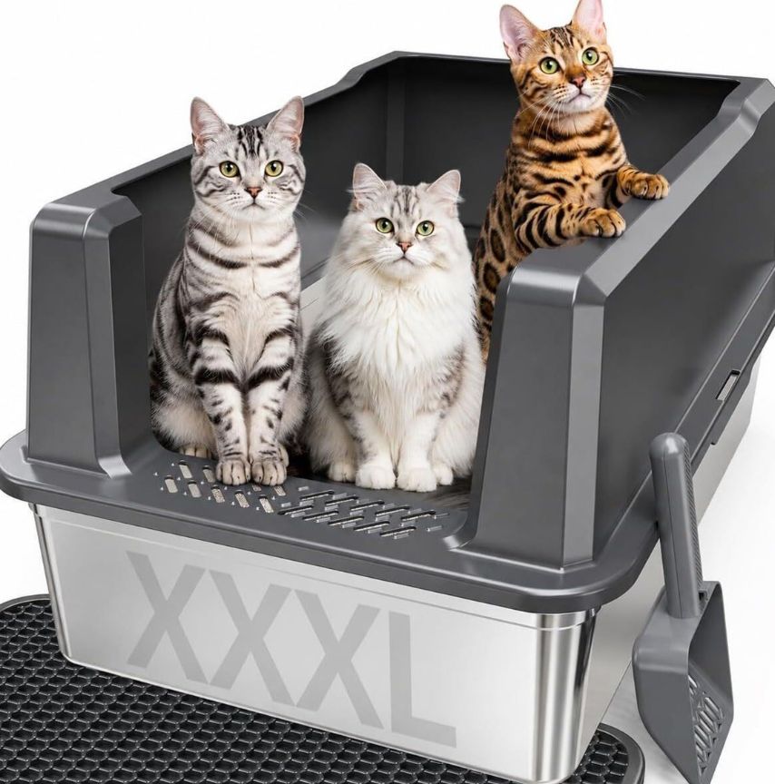 XXXL Stainless Steel Cat Litter Box with Lid, 26 x 18 x 12 in