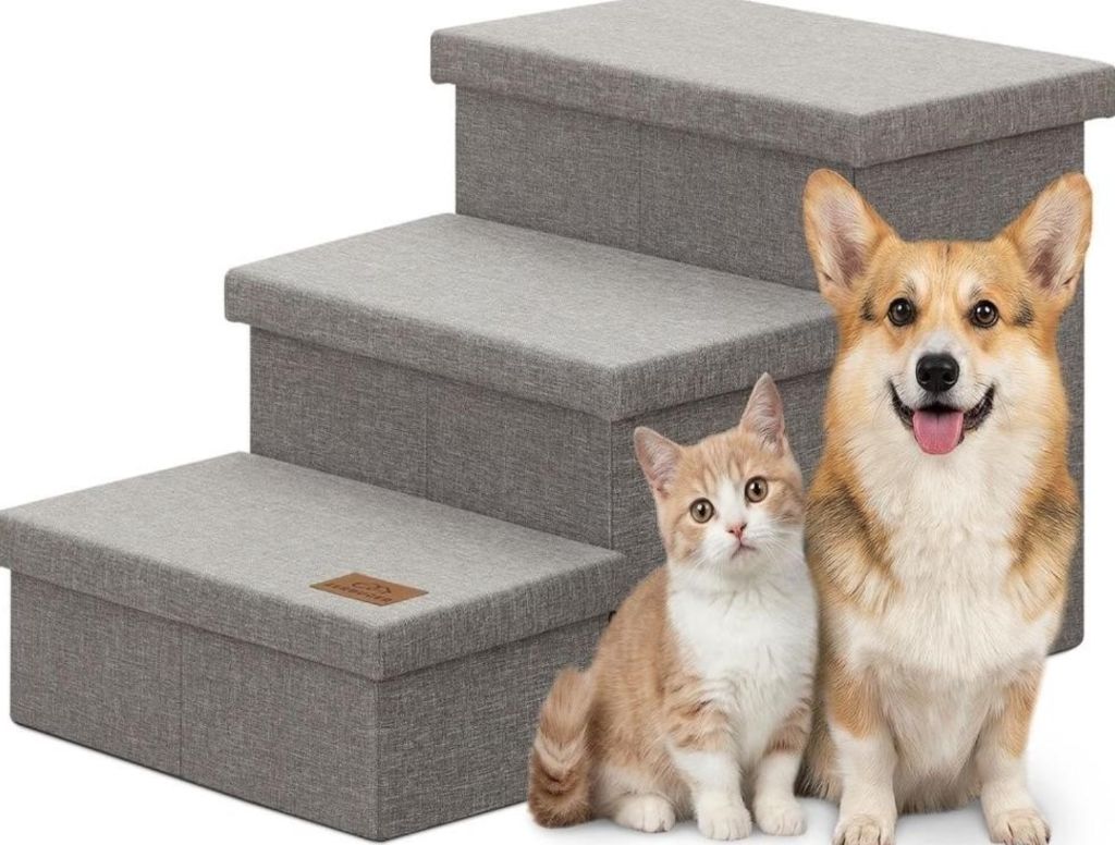 Zerbuger Dog Stairs with Storage, 17" H beige 3 Steps Dog-new